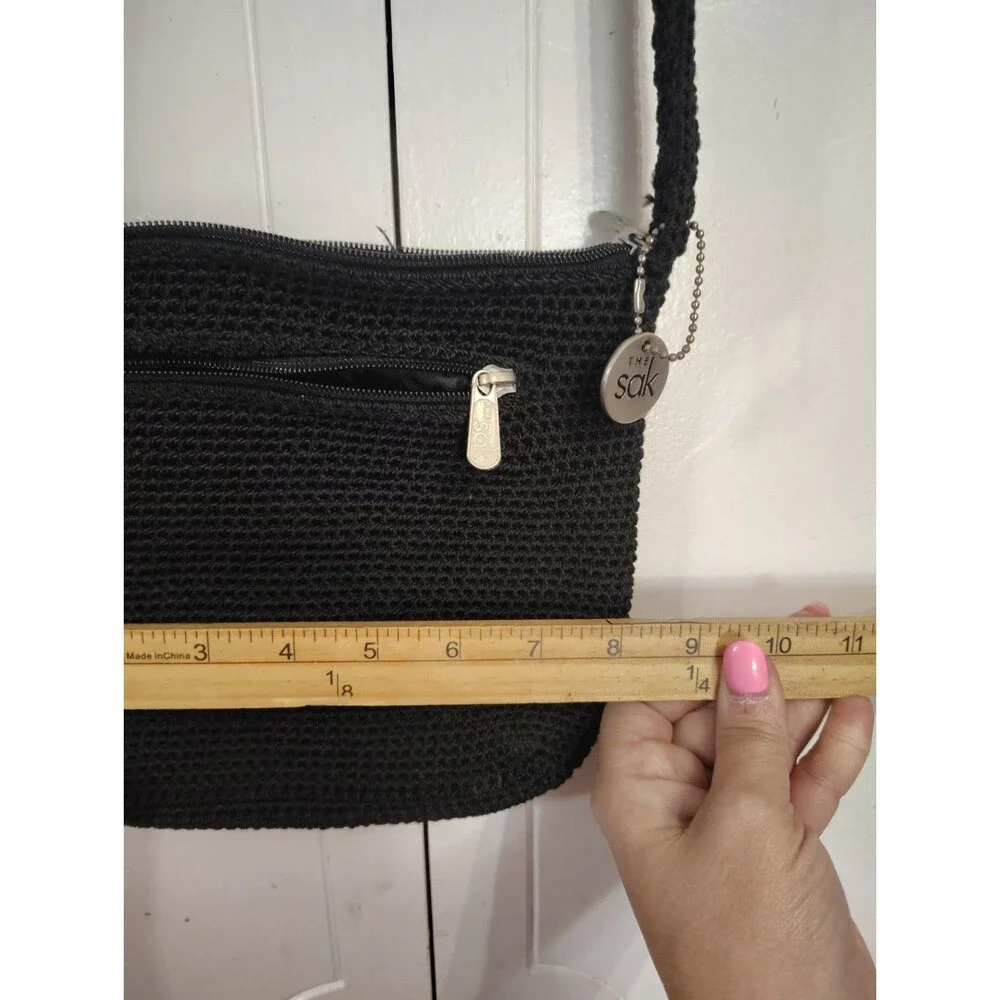 The Sak Black Crochet Shoulder Bag Purse Top Zip Closure Small